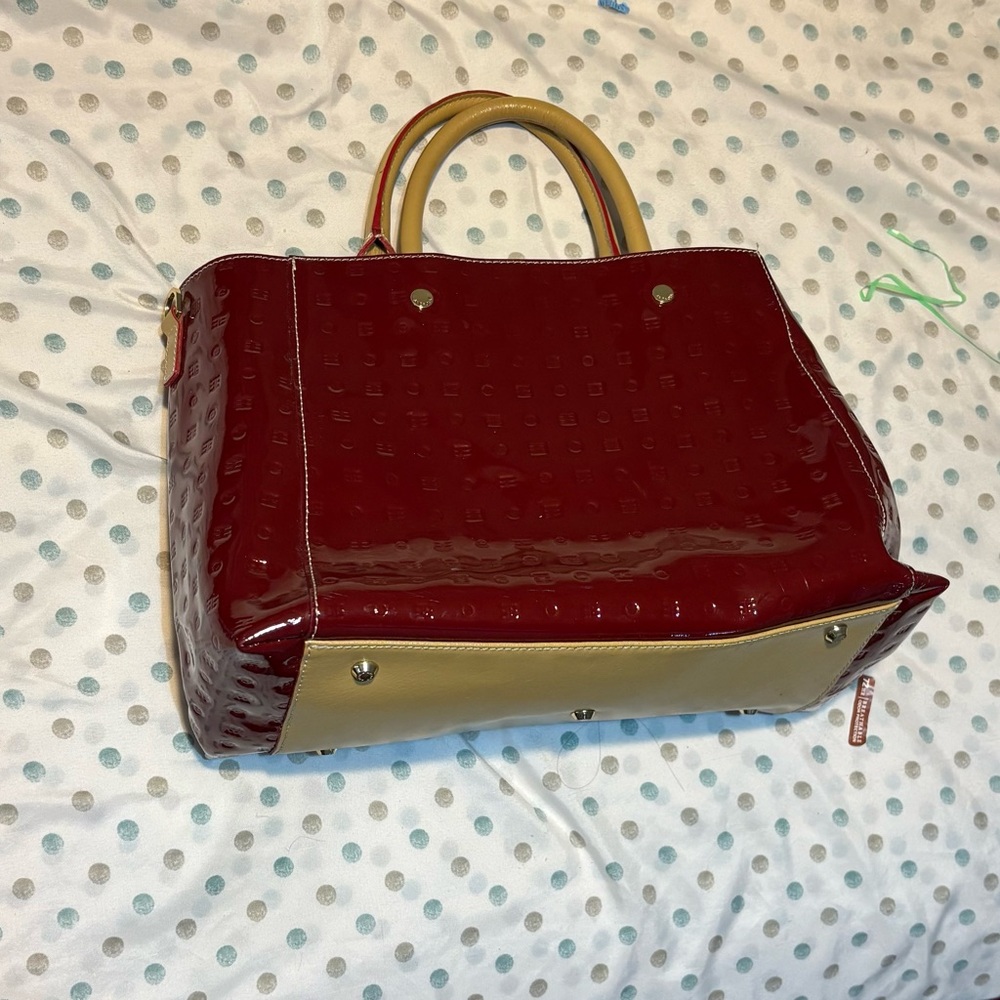 Arcadia Burgundy Glossy Satchel with Gold Accents